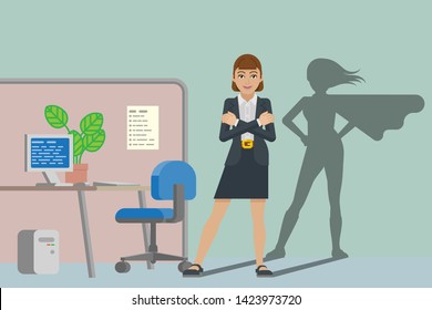 A business woman in her office revealed as super hero by her superhero silhouette shadow