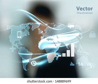 business woman and high tech type of modern buttons on a virtual background 