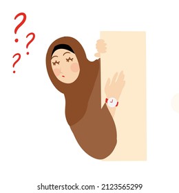a business woman in a hijab asks questions. A young business woman of Caucasian origin thinks. A thinking business woman is surrounded by question marks. Vector flat illustration.