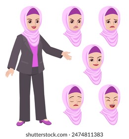 Business woman in hijab and suit jacket with set of face expression 