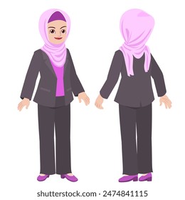 Business woman in hijab and suit jacket standing poses front and back view