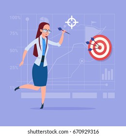 Business Woman Hold Arrow Hit Target Successful Goal Concept Flat Vector Illustration