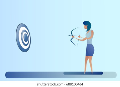 Business Woman Hold Bow Aim Archer Get Goal Concept Vector Illustration