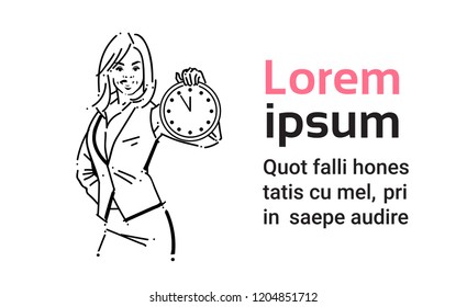 business woman hold clock concept businesswoman portrait on white background hand draw silhouette sketch vector illustration