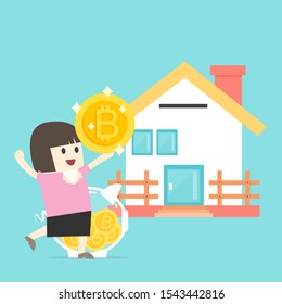Business Woman hold coin with Piggy Bank saving for home
