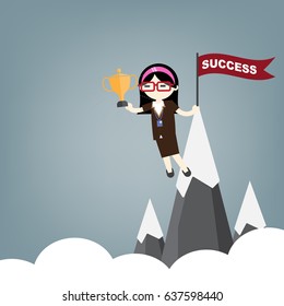 Business woman hold cup on top of mountain success concept