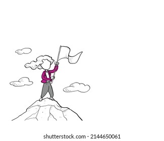 Business woman hold flag on top of mountain. Celebrating success. Character vector illustration design.