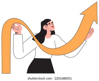 Business woman hold growing arrow reaching goal. Business developement, career success or growth and opportunity, startup concept for banner, web page. Idea of personal growth and success.