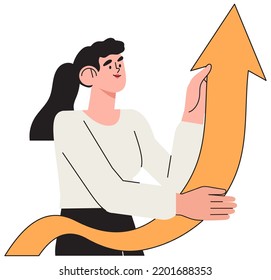 Business Woman Hold Growing Arrow Reaching Goal. Business Developement, Career Success Or Growth And Opportunity, Startup Concept For Banner, Web Page. Idea Of Personal Growth And Success.