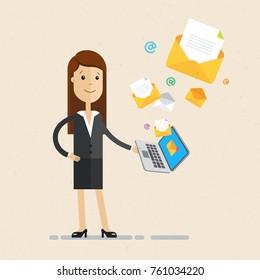 Business woman hold a laptop with email letters. Vector, illustration, flat