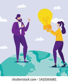 Business Woman Hold Light Bulb Speaking with Man Stand on Earth Globe Surface Background with Cloudy Sky. Businesspeople Sharing Creative Ideas, Insight, New Project Cartoon Flat Vector Illustration