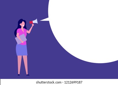 Business woman hold loud speaker or megaphone. Vector flat design illustration.