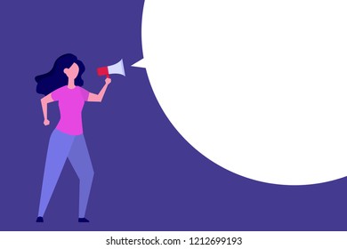 Business woman hold loud speaker or megaphone. Vector flat design illustration.