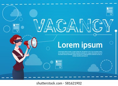 Business Woman Hold Megaphone Vacancy Search Employee Position Human Resources Recruitment Flat Vector Illustration