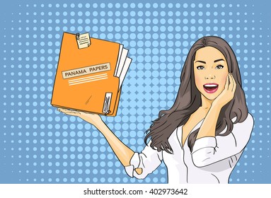 Business Woman Hold Panama Papers Folder Pop Art Colorful Retro Style Vector Illustration