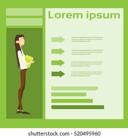 Business Woman Hold Paper Document Contract Financial Graph Arrow Background Flat Vector Illustration