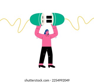 Business woman hold plugs in hands. Flat vector illustration isolated on white background
