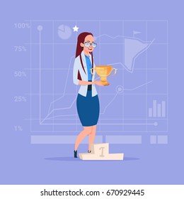Business Woman Hold Prize Winner Cup, Success Concept Flat Vector Illustration