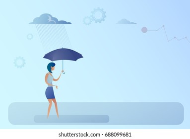 Business Woman Hold Umbrella Stand Rain Protection Security Concept Flat Vector Illustration