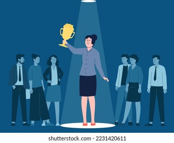 Business woman hold winner golden cup with money. Unique talent person, leader and team. Lady standing in spotlight, vector career concept