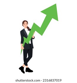 Business Woman holding a arrow. Green growing graph. Flat vector illustration isolated on white background