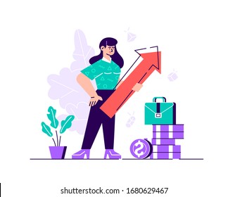 Business woman holding arrow pointing right up indicating success. Flat style modern design vector illustration for web page, cards, poster, social media. 