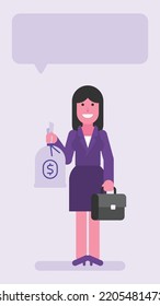 Business woman holding bag with money and suitcase. Flat people. Vector illustration