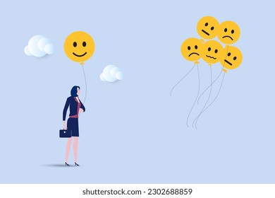 Mujer empresaria sosteniendo globos con la emoción o la expresión de cara, feliz, triste o temerosa. Control emocional y autorregulación, manejo estresado o conciencia de salud mental, concepto de sentimiento.