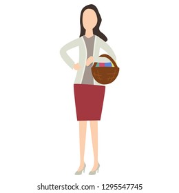 Business woman holding basket full of easter eggs. Vector flat cartoon style Illustration.