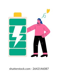 Business woman holding battery with full charge. Enthusiastic concept. Flat vector illustration isolated on white background
