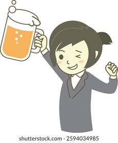 Business woman holding a beer and having fun