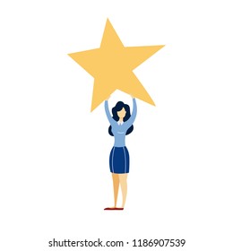 Business woman holding a big yellow star. Idea of feedback and rating. Rate the product. Star as a metaphor of achievement. Flat vector illustration
