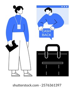 Business woman holding a binder, a cashback offer on a web page, and a briefcase. Ideal for finance, online transactions, business, professional services, and cashback promotions. Modern minimalist