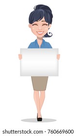 Business woman holding blank placard. Beautiful businesswoman in formal clothes standing straight. Cute cartoon character. Vector illustration.