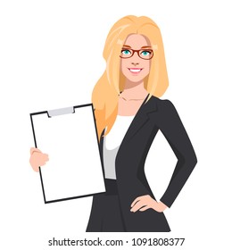 Business woman holding a blank template