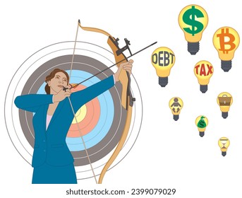 business woman holding bow and arrow, aiming up at light bulb targets with business symbols, isolated on a white background