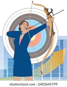 business woman holding bow and arrow aiming up with target and bar graph in the background