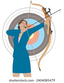 business woman holding bow and arrow aiming up with target isolated on a white background