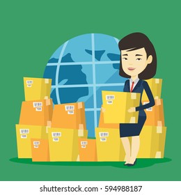 Business woman holding box on the background of world map and packages. Woman working in international delivery service. International delivery concept. Vector flat design illustration. Square layout.