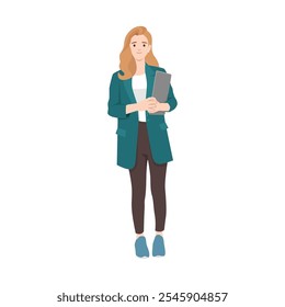 Business woman holding clipboard. Flat vector illustration isolated on white background