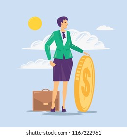 Business woman holding coin. Concept of leadership.