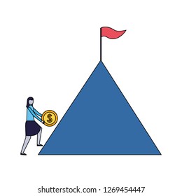 business woman holding coin mountain flag