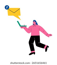 Empresária segurando computador mostra o e-mail recebido. Ilustração de vetor plano isolada no plano de fundo branco
