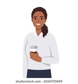 Mujer de negocios sosteniendo una taza de café. Hermosa mujer de negocios en ropa formal de pie derecho. Lindo personaje de dibujos animados. Ilustración vectorial plana aislada sobre fondo blanco