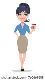 Business woman holding cup of cofee. Beautiful businesswoman in formal clothes standing straight. Cute cartoon character. Vector illustration.