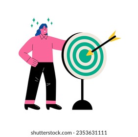 Business woman holding dart board with direct hit on target. Goal achievement, victory. Marketing strategy. Flat vector illustration isolated on white background