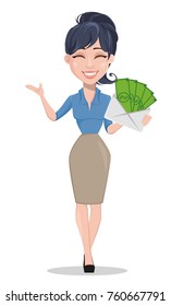 Business woman holding envelope full of money. Beautiful businesswoman in formal clothes standing straight. Cute cartoon character. Vector illustration.