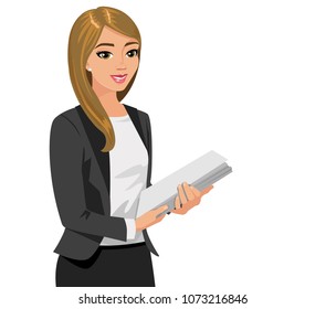 Business  woman holding  files. Vector illustration isolated on white.