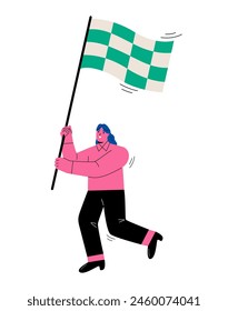 Mujer de negocios sosteniendo la bandera. Éxito, concepto de objetivo de negocio alcanzado. Ilustración vectorial plana aislada sobre fondo blanco
