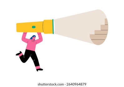 Business woman holding a flashlight reveal the path. Flat vector illustration isolated on white background

